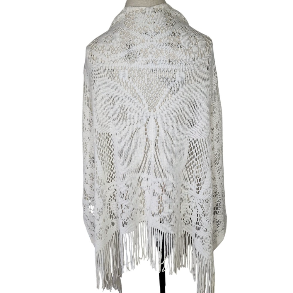 Vintage Butterfly Crochet Knit Shawl Womens One Size Ivory Boho Fairy Grannycore